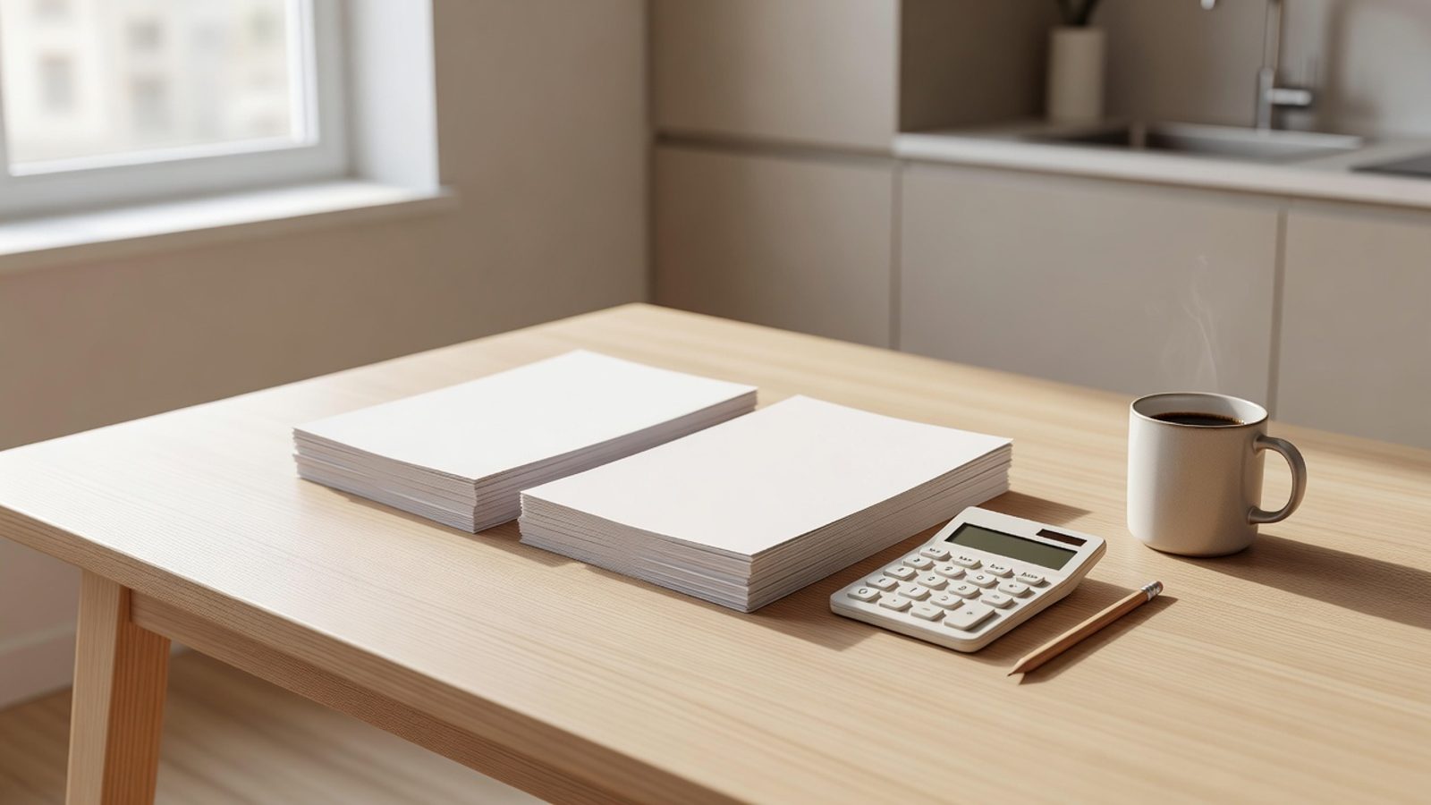 Two stacks of mortgage papers and a calculator on a bright kitchen table