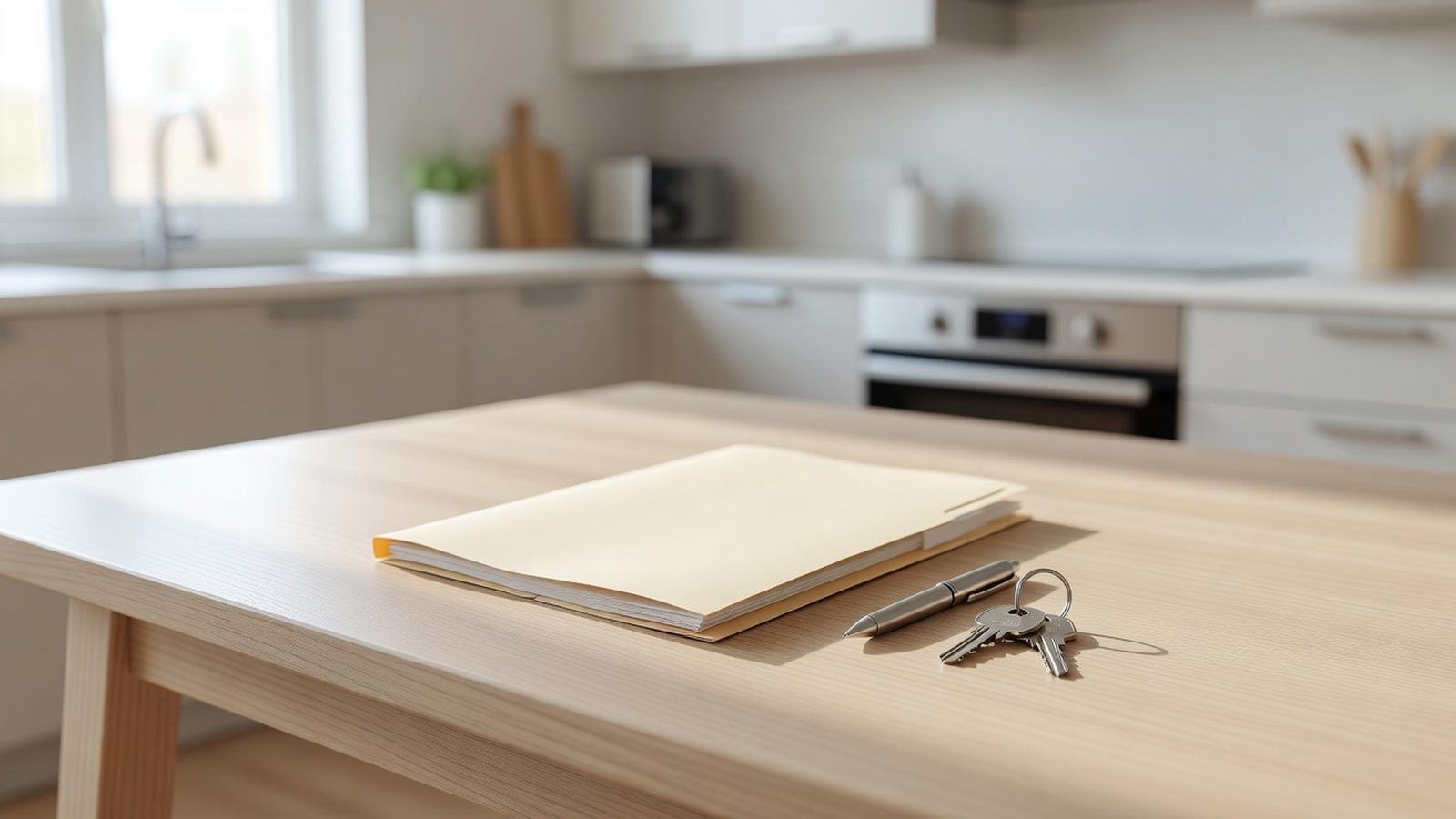 A clean kitchen-table desk scene with a notebook, pen, and coffee