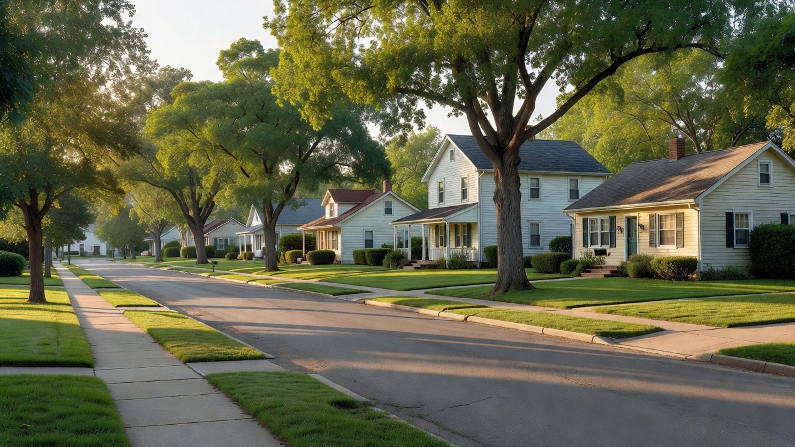 Quiet residential street of modest houses and sidewalks in morning light