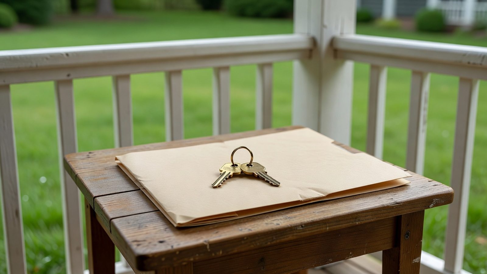 House keys on a closed folder on a front porch table