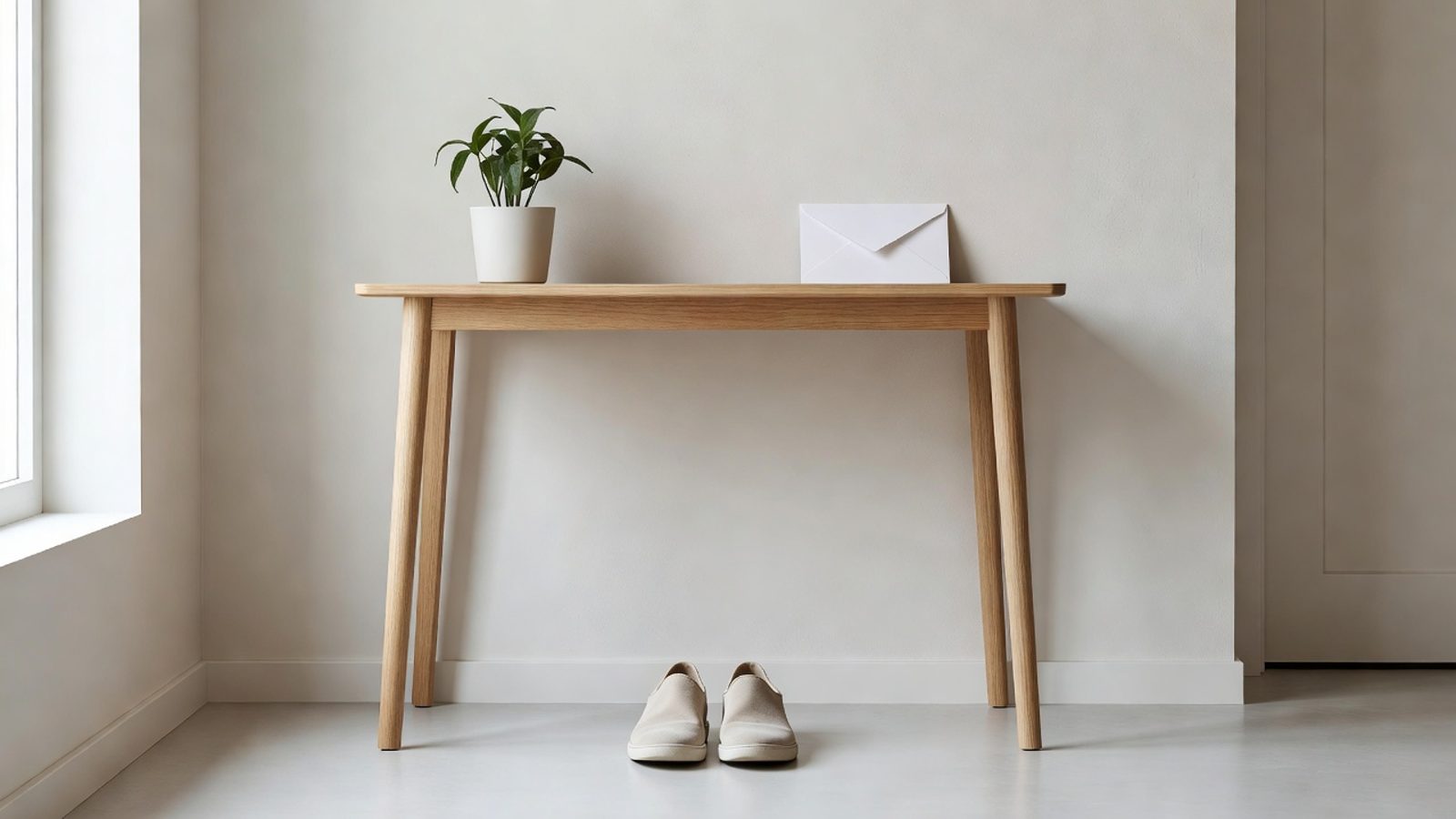 Home entryway with a plant and an envelope face down