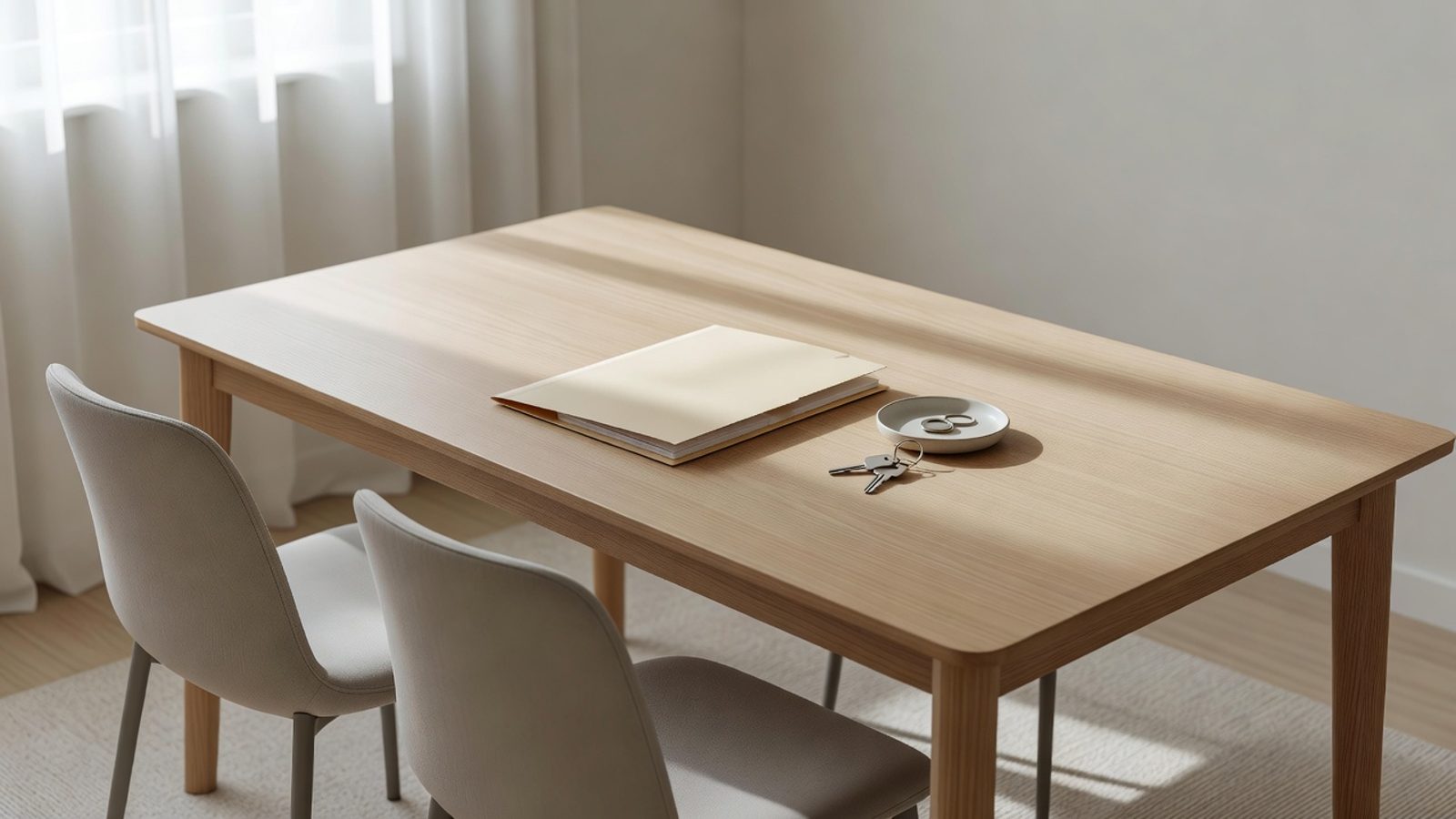 Dining table with a closed folder and house keys in daylight
