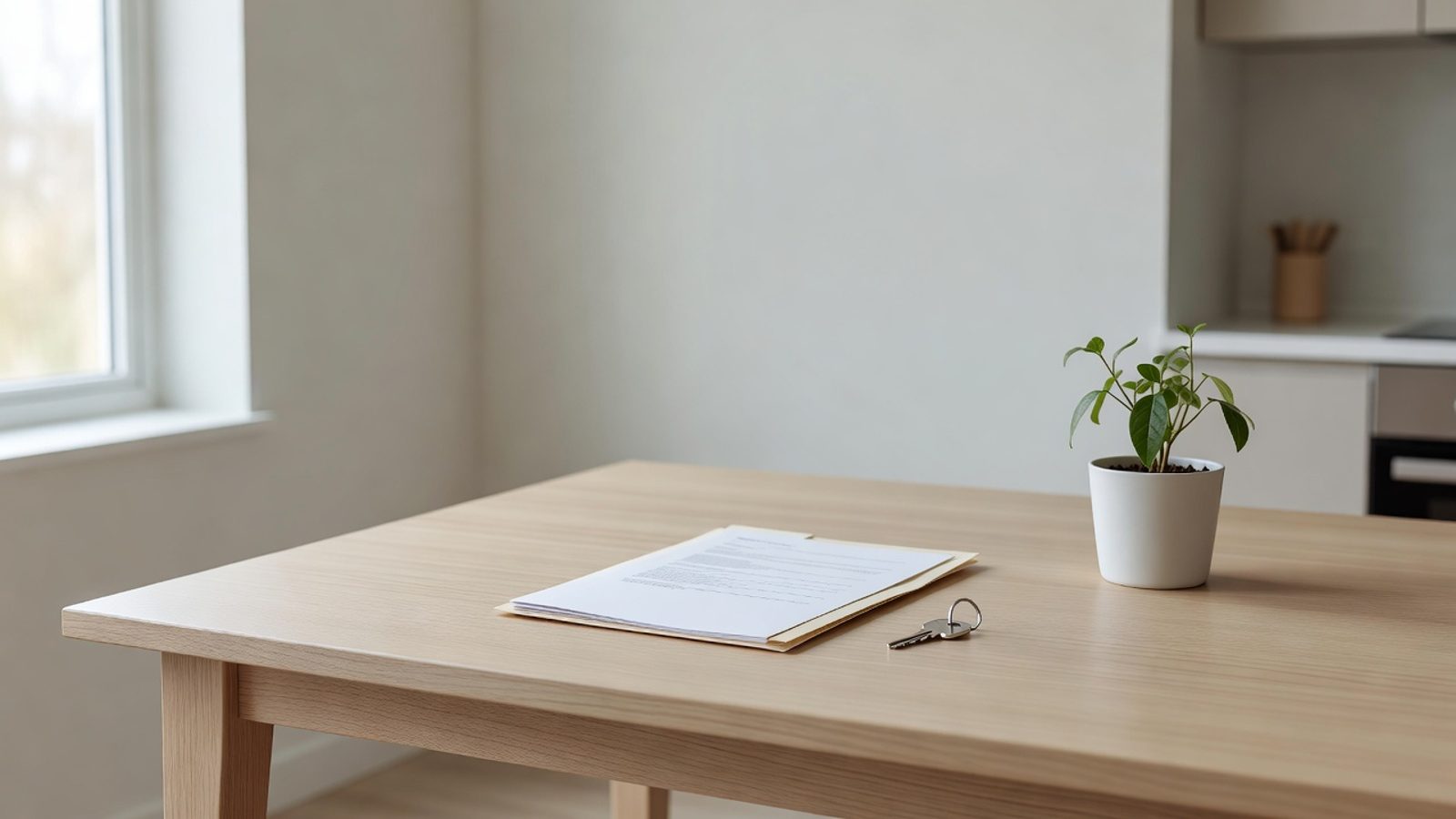 Folder, house key, and a plant on a sunlit kitchen table
