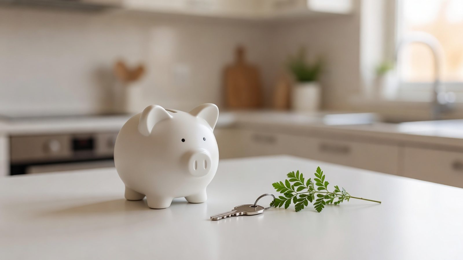 White piggy bank beside a house key on a kitchen counter
