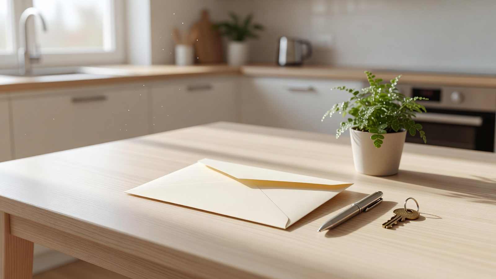 Sealed envelope, pen, and house key on a bright kitchen table