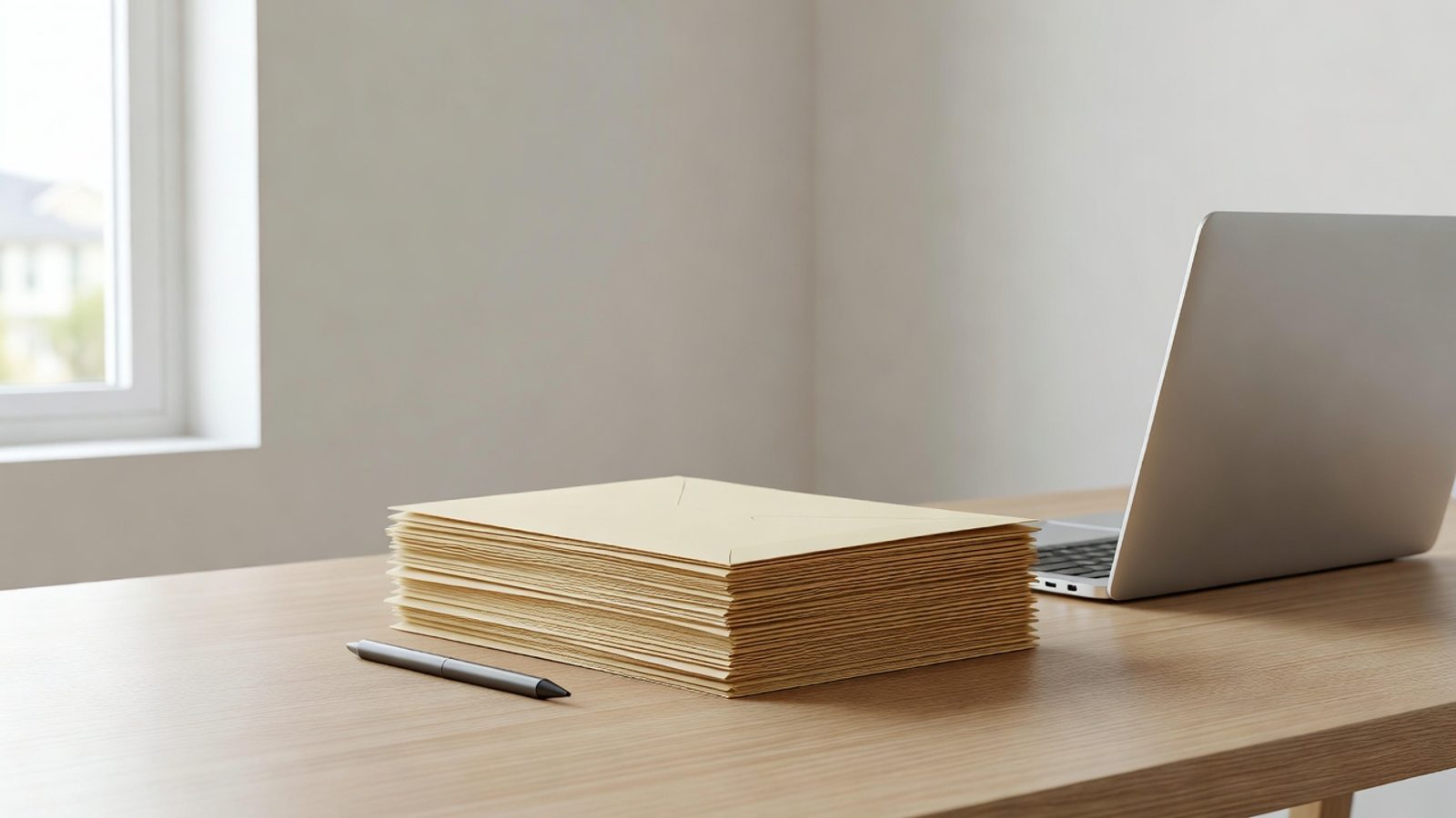 Home office desk with plain envelopes, a pen, and a closed laptop