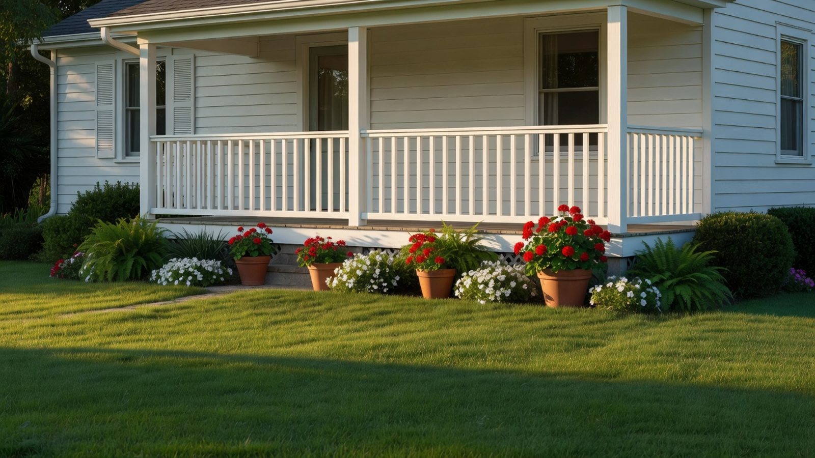 Front porch of a well-kept house with a white railing and flowers
