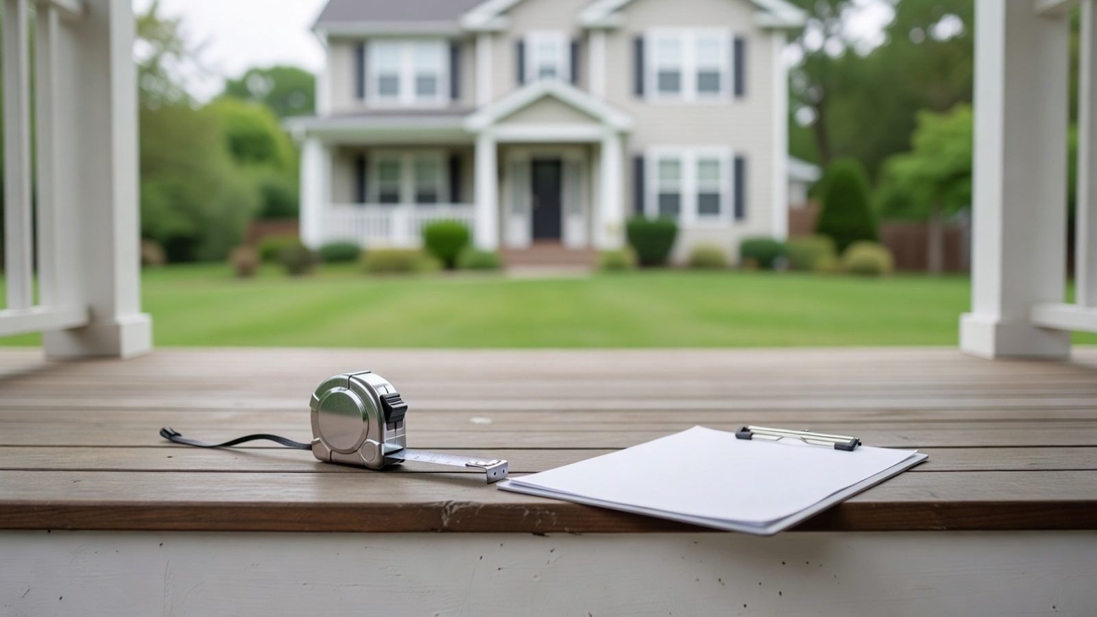 Tape measure and a clipboard on a porch step in front of a suburban house