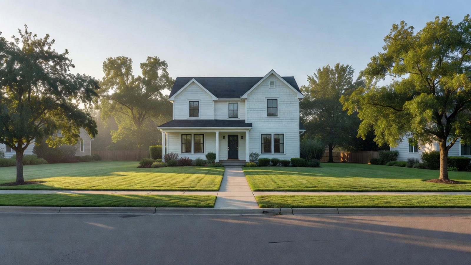 Well-kept suburban house with a green lawn in morning light