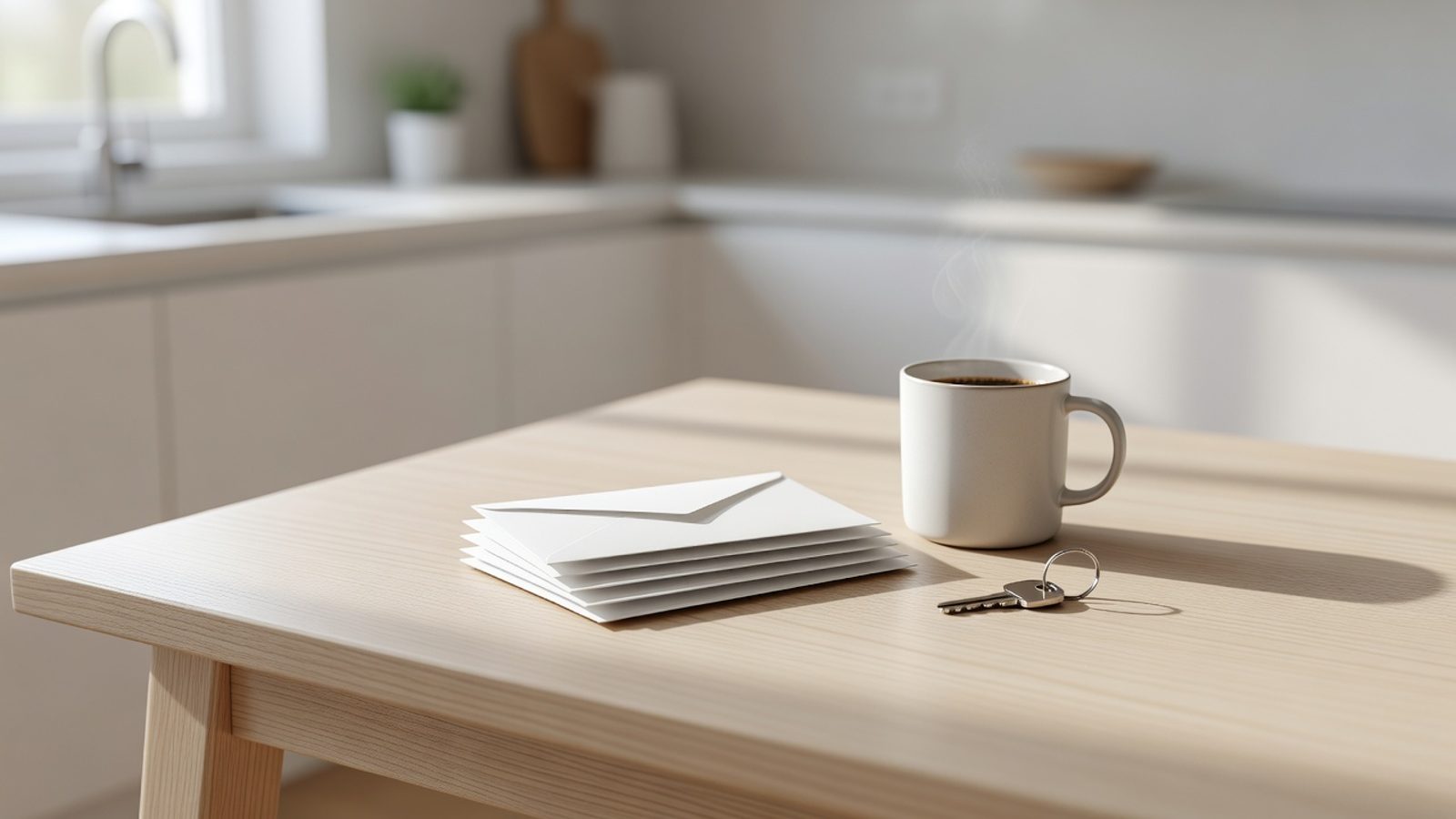 Stack of plain envelopes, a coffee mug, and a house key on a kitchen table
