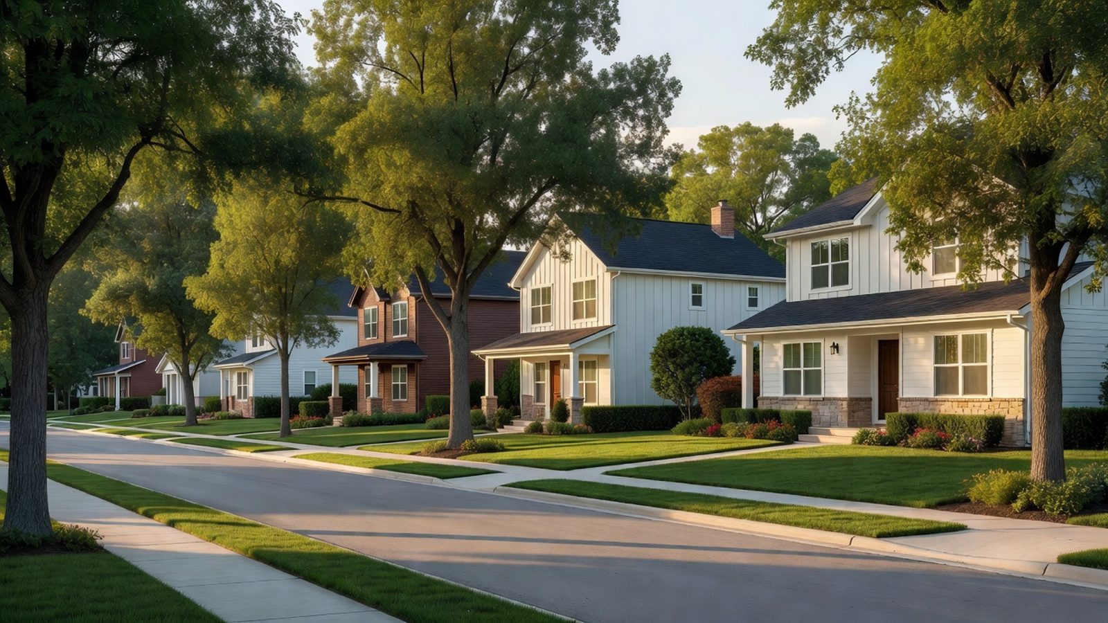 A quiet residential street of houses in warm afternoon light