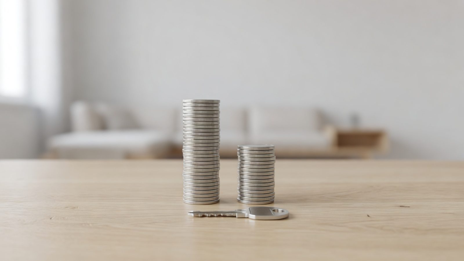 A tall and a short stack of coins beside a house key on a table