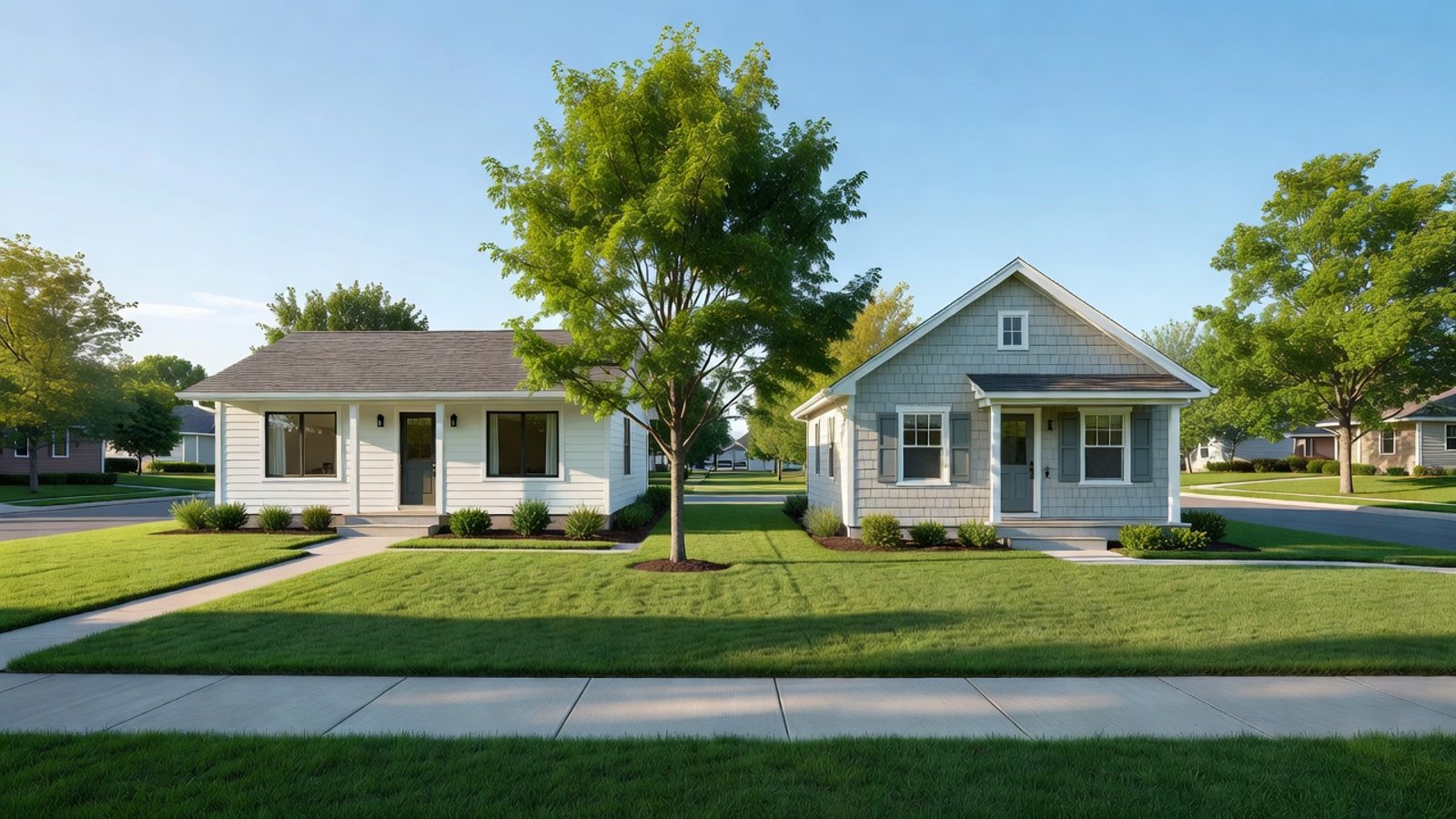 Two neighboring houses on a sunny block seen from the sidewalk