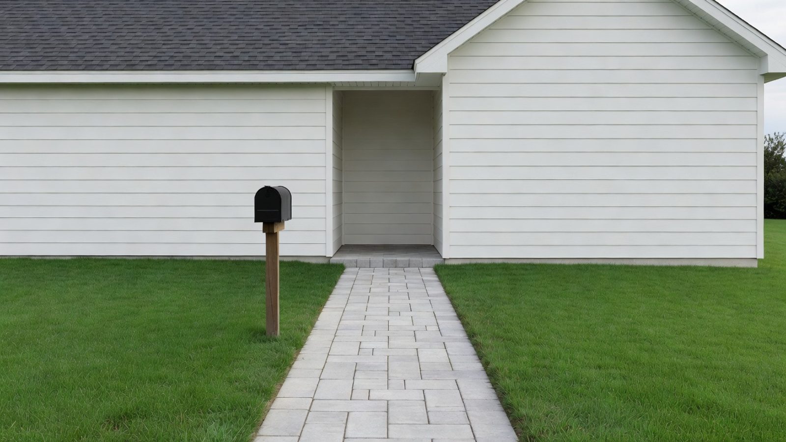 Small house exterior with a front walk in soft daylight