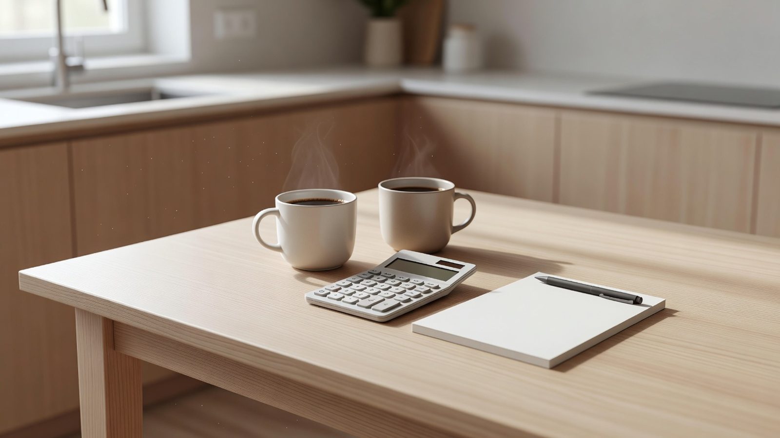 Kitchen table with coffee, a calculator, and a blank notepad