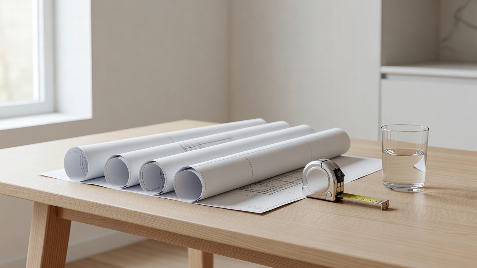 Dining table with rolled house plans, a tape measure, and water