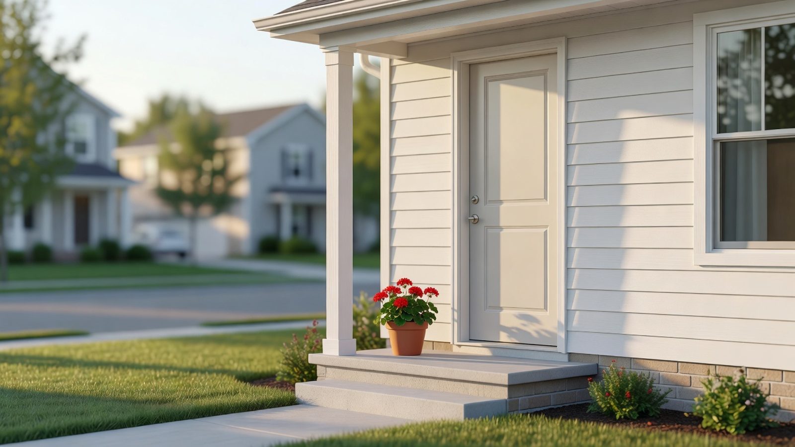 House exterior with a front porch in afternoon sun