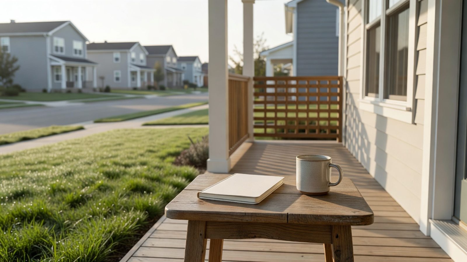 Morning light on a front porch with a notebook and mug, houses beyond